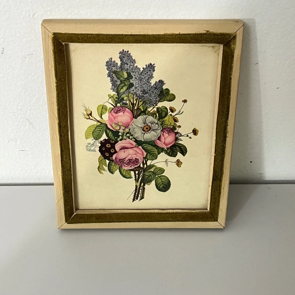 Vintage Botanical Floral Print Wall Art Mini Pink Green Velvet Wood Frame Rose